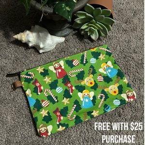 FREE WITH $25 PURCHASE-Holiday Themed Cotton Zip Top Pouch-9x6-EUC-Green